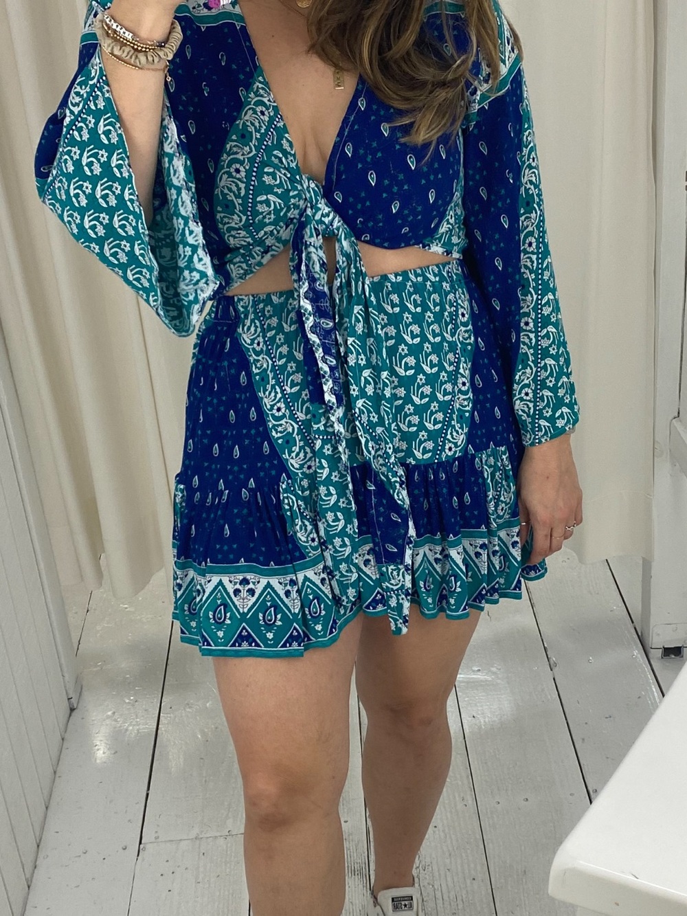 Blue & Teal Paisley Tie-Front Skirt Set